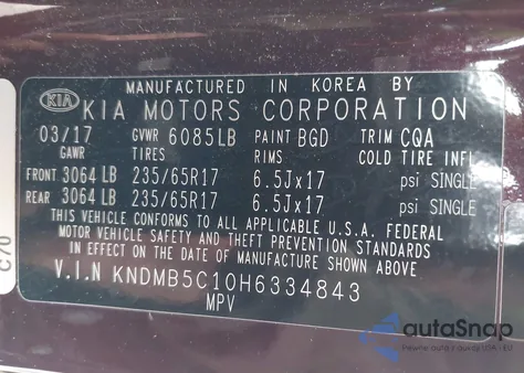 2017 Kia Sedona Lx z USA, uszkodzony, nr VIN KNDMB5C10H6334843